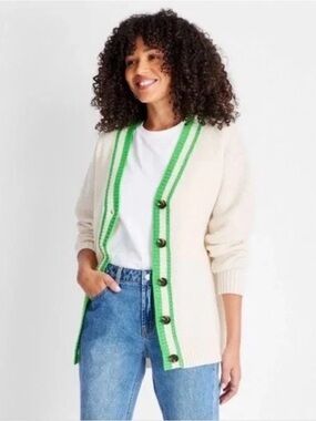 Future Collective Kahlana Barfield Brown Varsity Cardigan Cream Green Small Wool